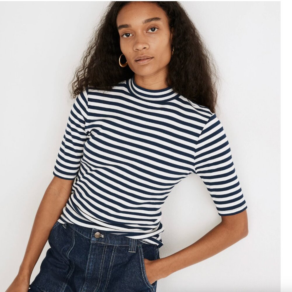 Madewell Drapey-Rib Mockneck Top in Stripe